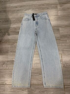 Steve Madden Light Blue Wide-Leg Jeans with Hem Embellishment 26